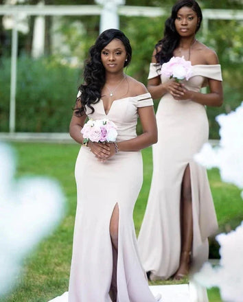 Unique Mermaid Off Shoulder V Neck Sleeveless Side Slit Popular Cheap Maxi Long Wedding Guest Bridesmaid Dresses,WGM309