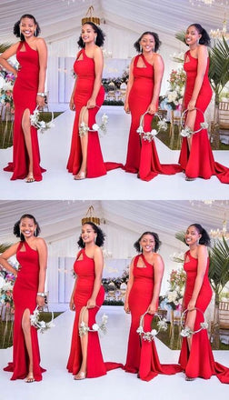 Unique Red Mermaid One Shoulder Sleeveless Side Slit Popular Cheap Maxi Long Wedding Guest Bridesmaid Dresses,WGM337