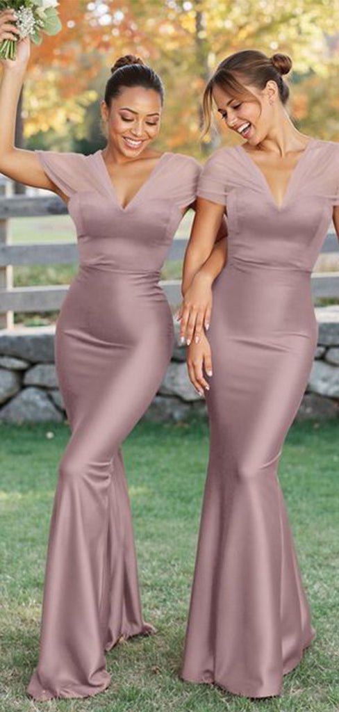 Elegant Pink V-Neck Short sleeves Mermaid Long Bridesmaid Dresses Online, WGM415