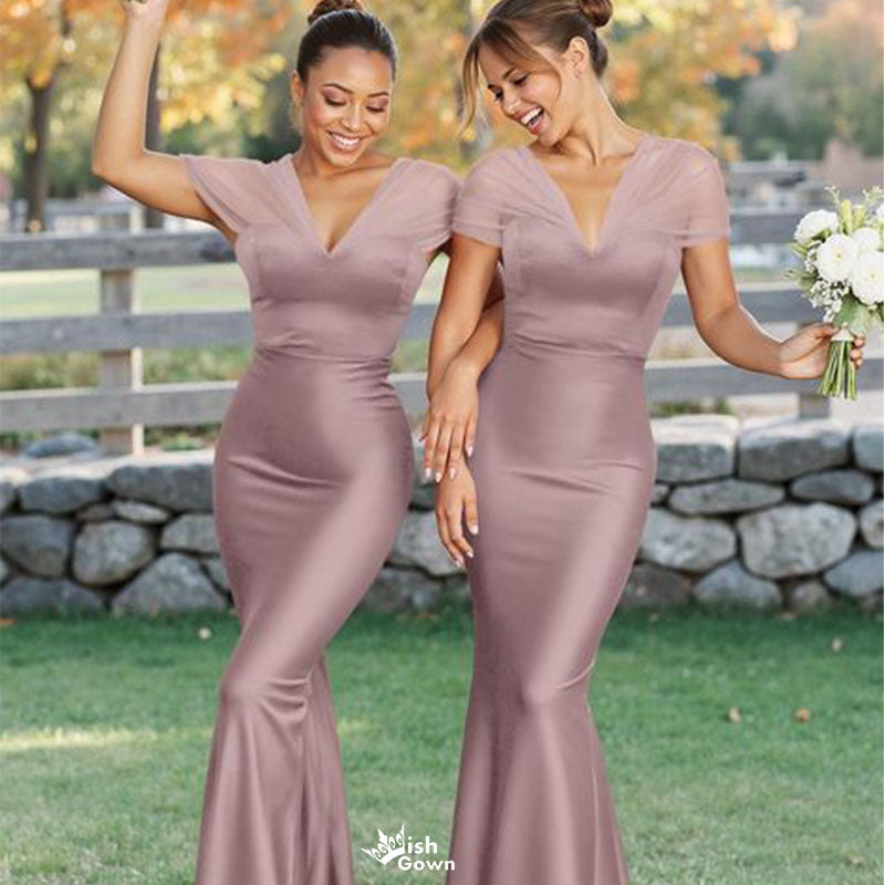 Elegant Pink V-Neck Short sleeves Mermaid Long Bridesmaid Dresses Online, WGM415