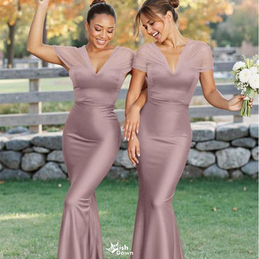 Elegant Pink V-Neck Short sleeves Mermaid Long Bridesmaid Dresses Online, WGM415