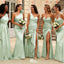 Classy Green Satin Bridesmaid Dress Sexy One Shoulder Ruched Side Slit Long Wedding Guest Gow,WGM479