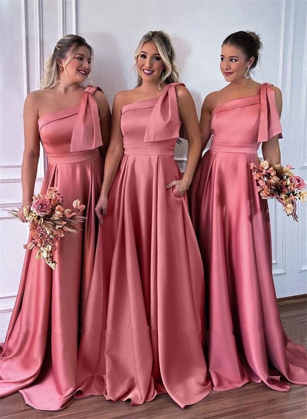 Elegant Pink One-Shoulder Sleeveless Mermaid Long Bridesmaid Dresses Online, WGM433
