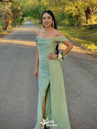 Elegant Green Off-Shoulder Side Slit Long Prom Dress Ideas, Evening Party Dresses,WGP1855
