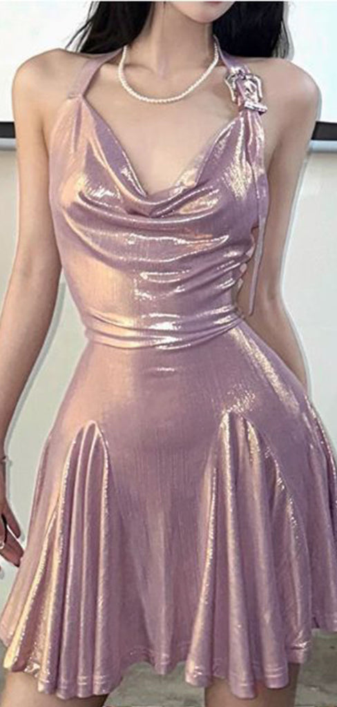 Sexy Pink Halter Strap Sleeveless A-Line Short Homecoming Dresses For Party, EPT664