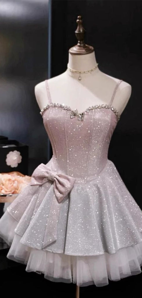 Sparkly Pink Spaghetti Strap A-Line Sleeveless Homecoming Dresses For Birthday Party, EPT698