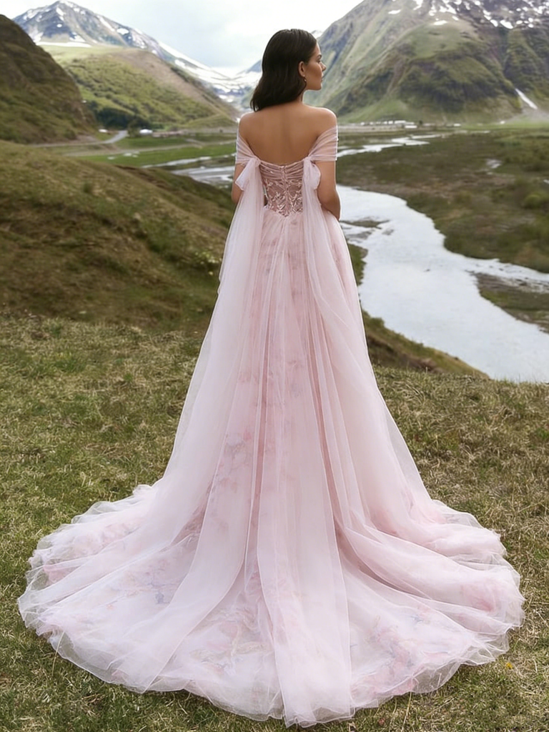 Elegnat Off-The-Shoulder Tulle Wedding Dress Pink Floral Applique Fairy Style Ball Gown,WDH190