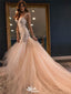 Elegant Pink Spaghetti Strap Lace Mermaid Long Wedding Dresses With Sweep Trailing,WDH179
