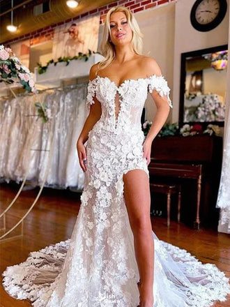 Floral White Off-Shoulder Mermaid Long Wedding Dresses With Sweep Trailing,WDH183