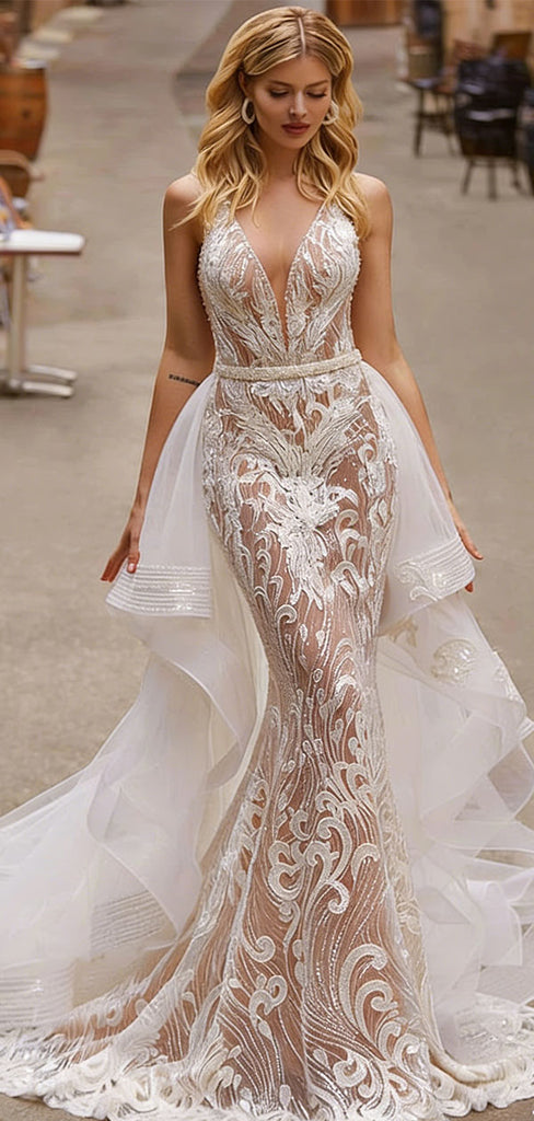 Elegant White Spaghetti Strap Mermaid Long Wedding Dresses With Sweep Trailing,WDH184