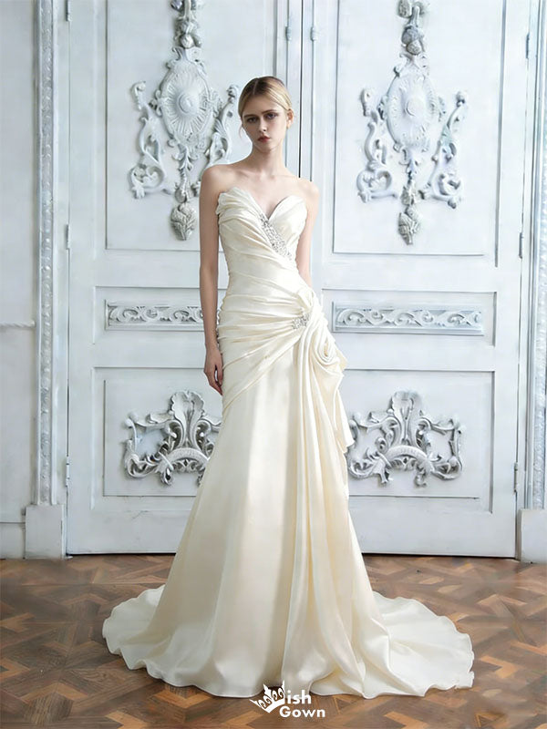 Classy Ruched Satin Wedding Prom Gown Strapless Sweetheart Neckline Mermaid Silhouette,WDH188
