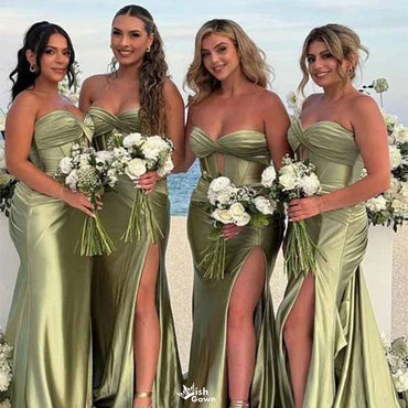 Elegant Green Sweetheart Sleeveless Mermaid Side Slit Long Bridesmaid Dresses Online, WGM412