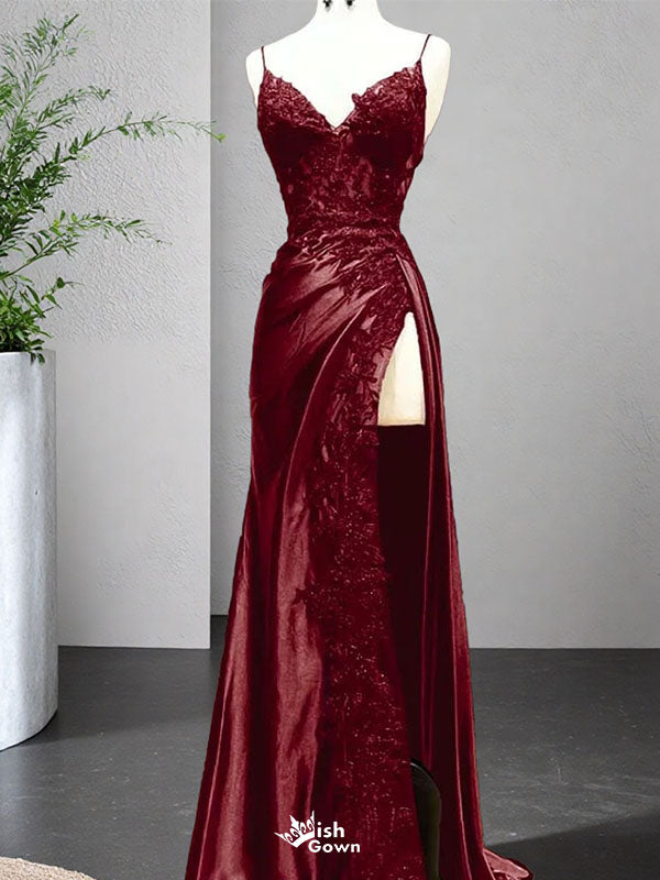 Gorgeous Red Spaghetti Strap Mermaid Side Slit Long Prom Dress Ideas, Evening Party Dresses, WGP1863