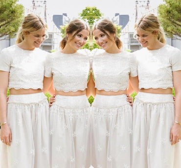 2 Pieces Short Sleeves Lace Pretty Long Wedding Bridesmaid Dresses, WG396 - Wish Gown