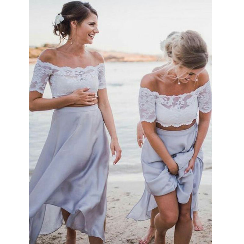 2 Pices Lace Off the Shoulder Short Sleeves Tea Length Wedding Bridesmaid Dresses, WG436 - Wish Gown