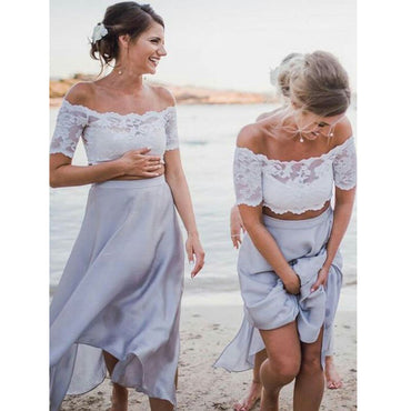 2 Pices Lace Off the Shoulder Short Sleeves Tea Length Wedding Bridesmaid Dresses, WG436 - Wish Gown