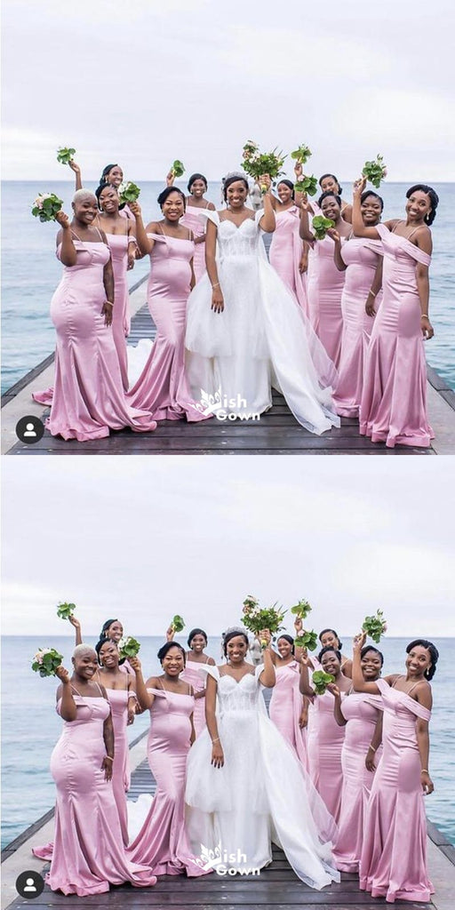 Sexy Pink Mermaid Spaghetti Straps Off Shoulder Long Bridesmaid Dresses, WGM154