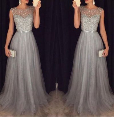 Grey Beaded Top Shinning Tulle Elegant Cheap Long Prom Dresses, WG718
