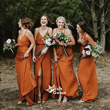 Pretty Side Slit Burnt Orange Simple Spaghetti Strap Long Beach Wedding Bridesmaid Dresses, WG030