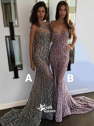 Popular Sexy Mermaid Beaded Seen Through Open Back Long Prom Dresses, WG1097