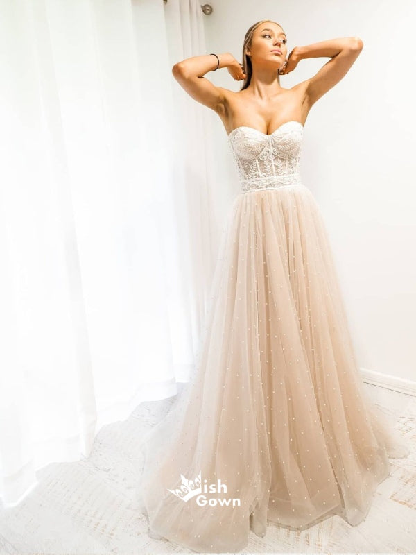 Lace Strapless Sweetheart A-line Beads Tulle Evening Gowns Prom Dresses , WGP162