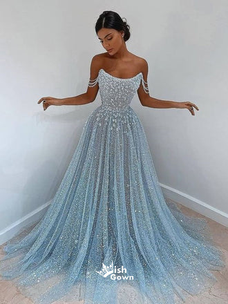 Blue Sky Sparkle Strapless Appliques Sequins A-line Evening Gowns Prom Dresses, WGP203