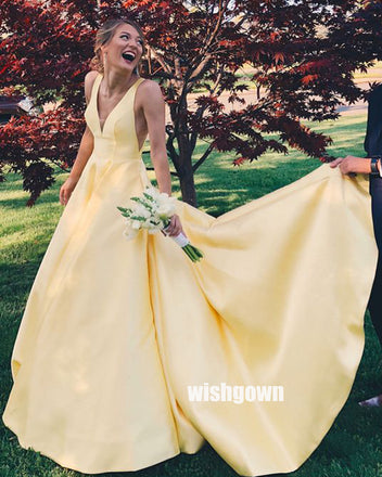Simple Yellow V-neck Stain Long Prom Dresses PG1232