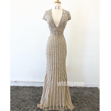 Short Sleeves V-neck Beaded Long Prom Dresses PG1143