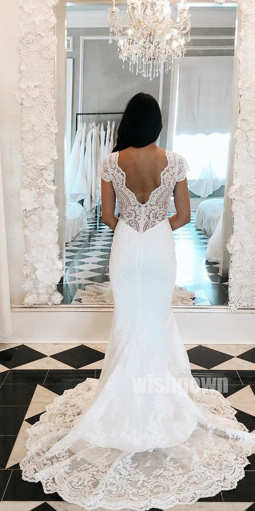 V-back Mermaid Cap Sleeve Lace  Long Wedding Dresses YH1131